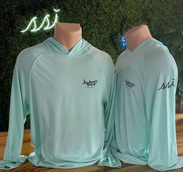 SPF 50 Mint Sun Shirt Hoodie, Gray Tarpon Logo on Chest, St Simons in Navy, Navy SSI on Arm, Long Sleeve A4