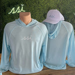 SPF 50 Baby Blue Sun Shirt Hoodie, White Logo on Chest, Long Sleeve A4