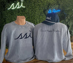 Corded Crew Sweatshirt Faded Denim color- Drink Happy Thoughts on Back
