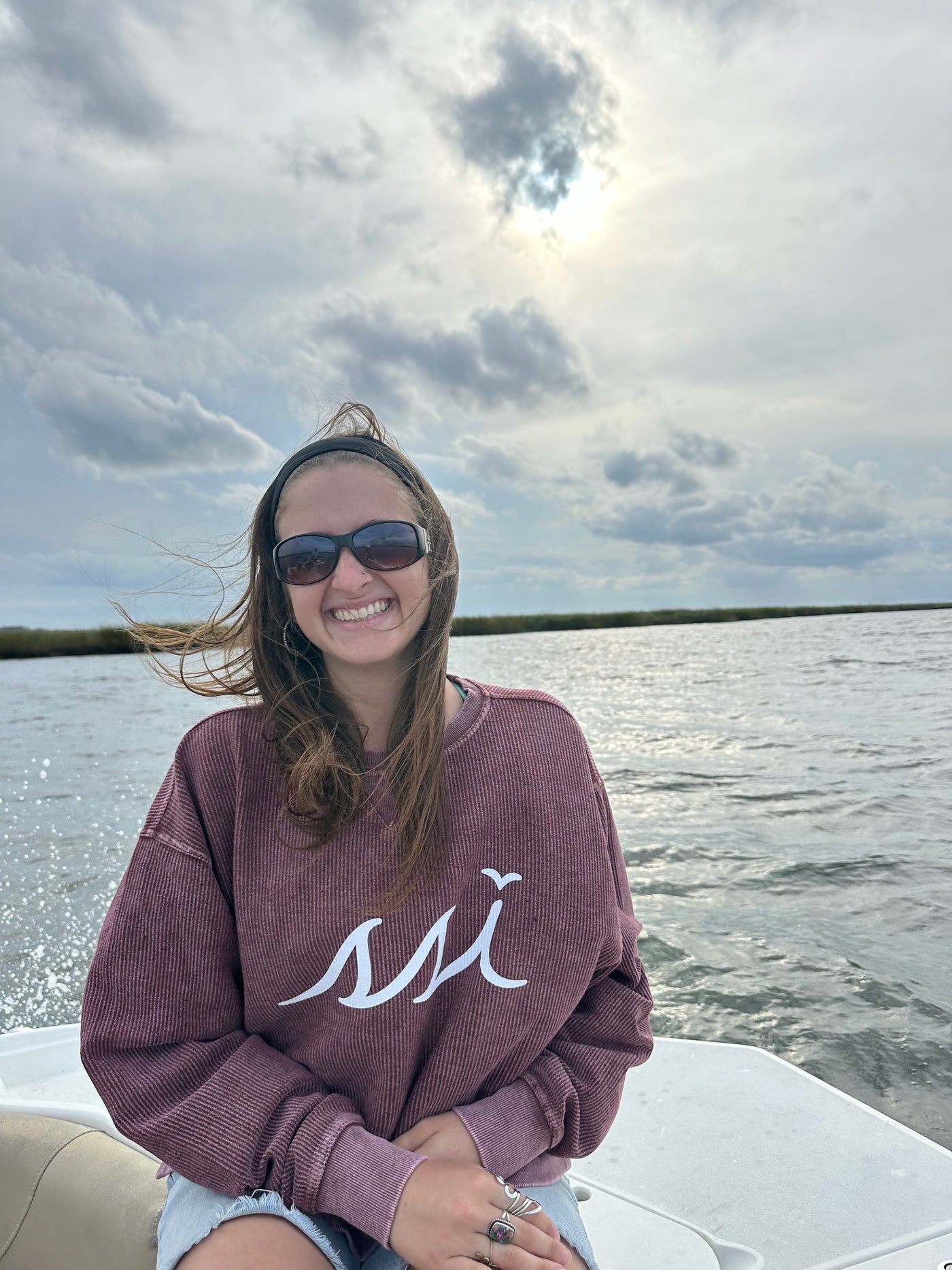 Women's chicka-d Maroon St. Simons Island Corded Crewneck Sweatshirt — White SSI Logo