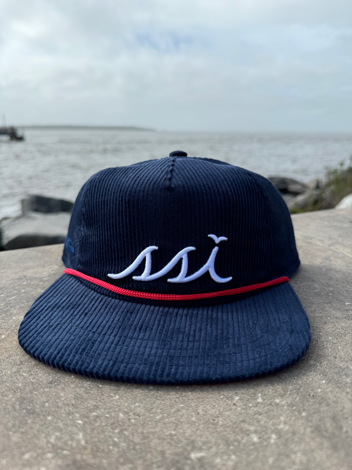 Navy Corduroy Rope Hat — White Raised Logo with Red Cord