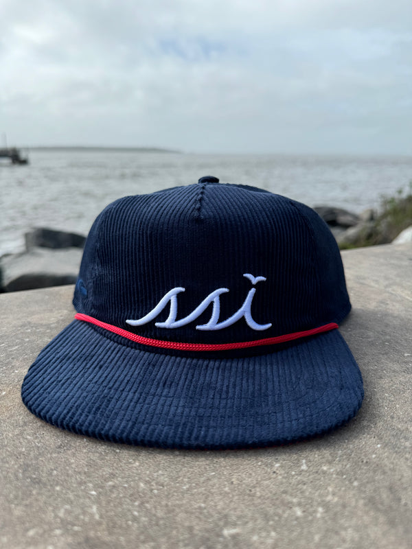 Navy Corduroy Rope Hat — White Raised Logo with Red Cord