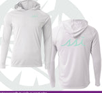 SPF 50 White Sun Shirt Hoodie, Aqua Logo on Left Chest, Aqua Logo on Back, Long Sleeve A4