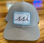 Light Heathered Gray FlexFit Hat /White Patch Gray Logo Light Blue Border/ Adjustable