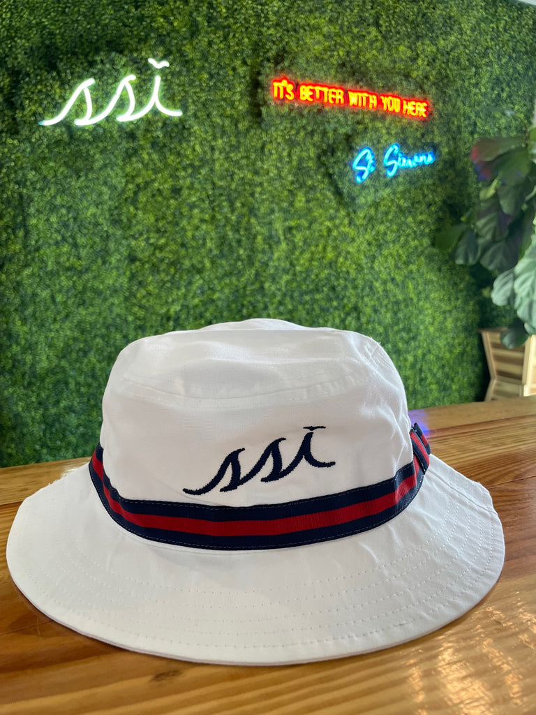 Hat- XL white bucket hat navy ribbon with red stripe navy logo – SSI  Lifestyle