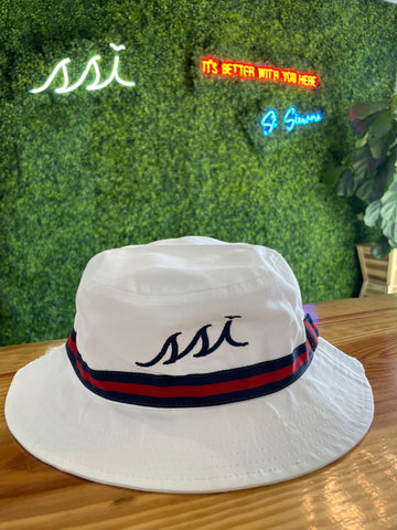 Hat- XL white bucket hat navy ribbon with red stripe navy logo