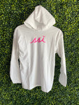 Kids Long Sleeve T-shirt Hoodie White with Pink Logo