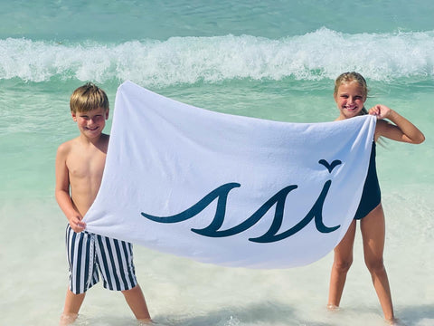 Beach Towel - White Towel with Navy Logo