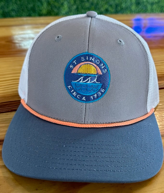 Grey The Game Hat Circle Blue Sun & Waves Design -Hot Orange Rope- White Logo