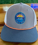 Grey The Game Hat Circle Blue Sun & Waves Design -Hot Orange Rope- White Logo