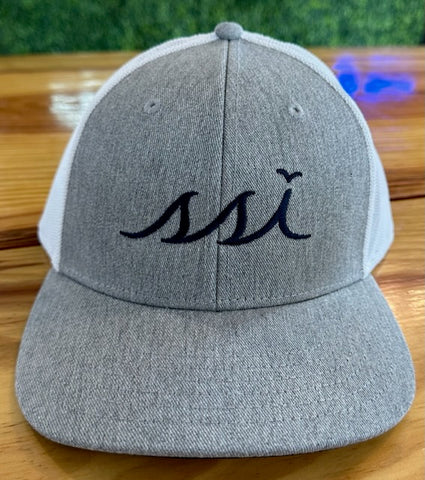 Heathered Gray Proflex Hat with White Mesh Back / Navy Logo/ Outdoor Cap