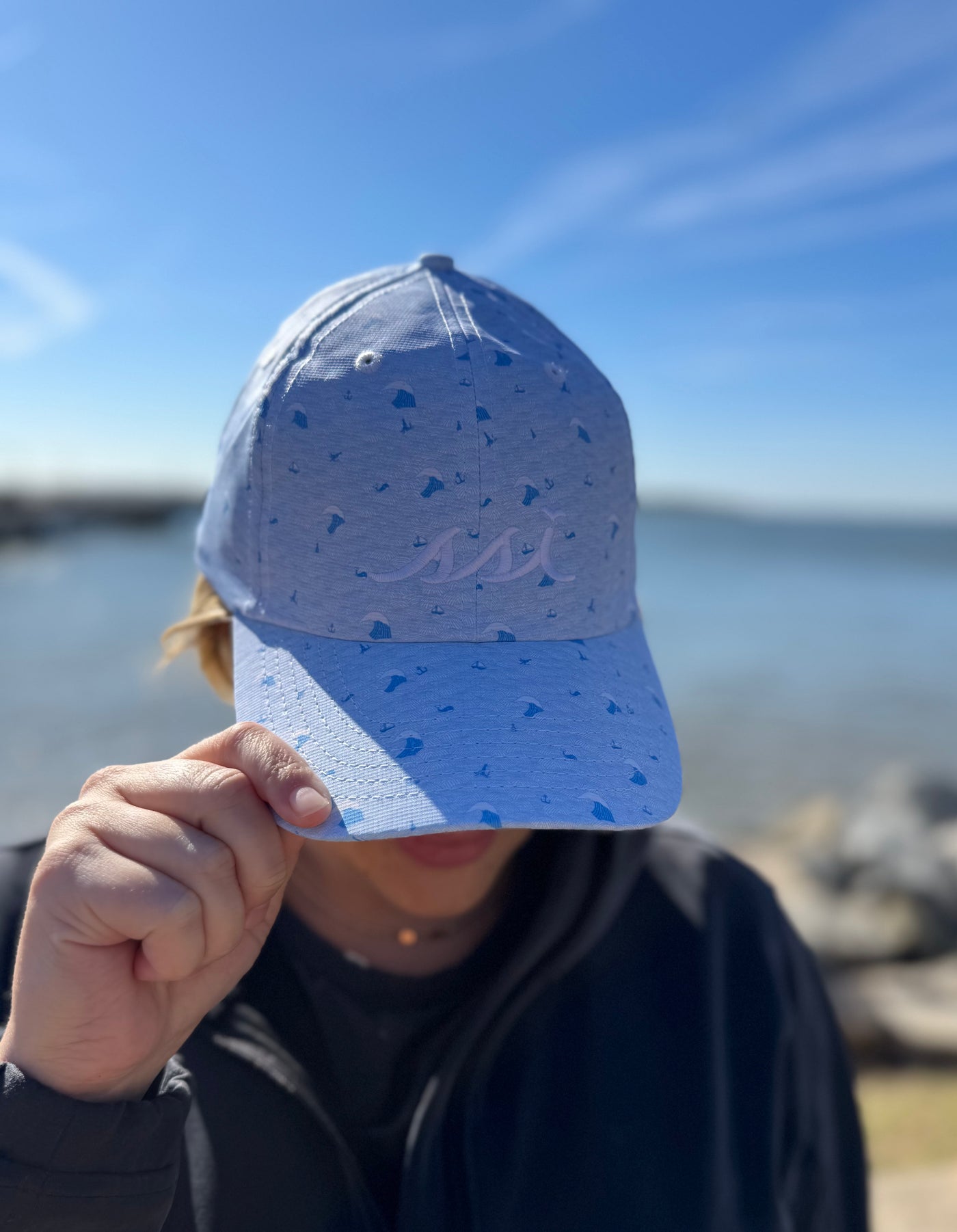 Blue Waves Imperial Hat / White Logo/ Waves, Whales, Boatsa