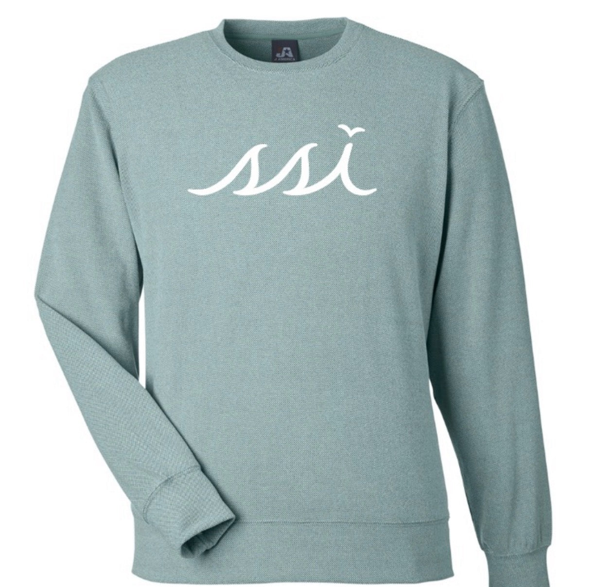 Peacock St. Simons Island Unisex Long Sleeve Crew — White SSI Logo