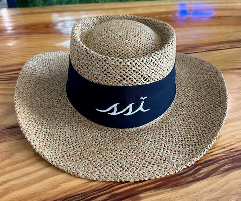 Straw Hat with Navy Ribbon
