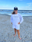 Comfort Colors White Crew Neck Sweatshirt with Navy St Simons on front and Navy logo on sleeve
