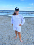 Comfort Colors White Crew Neck Sweatshirt with Navy St Simons on front and Navy logo on sleeve