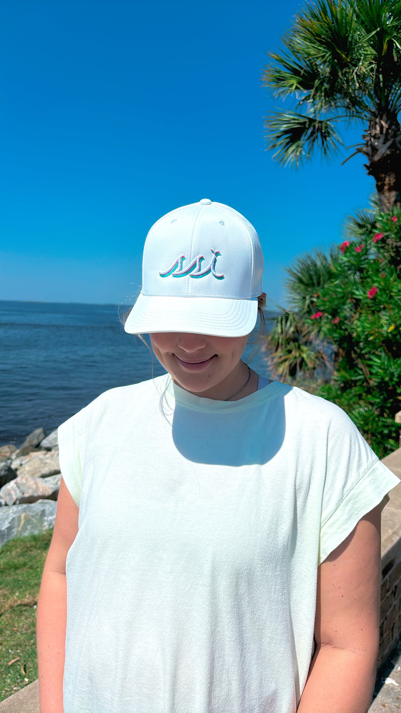 White St. Simons Island Hat — Cascade Multicolor SSI Logo