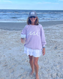 Corded Crew Sweatshirt Lilac color- Drink Happy Thoughts on Back