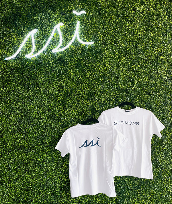 Comfort Colors - White Short Sleeve T - Navy St Simons Front - Navy Logo Back