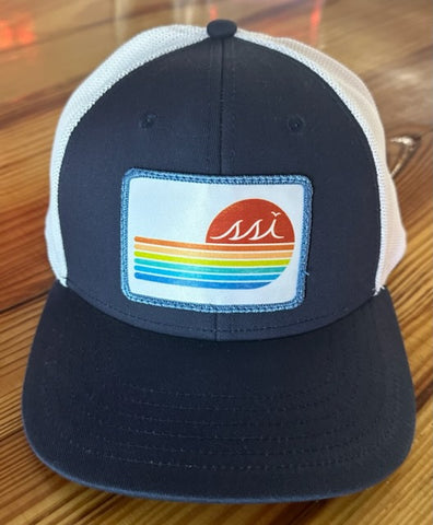 Navy Proflex Hat / White Patch Patch,  Blue Border, Retro Logo/ White Mesh / Adjustable