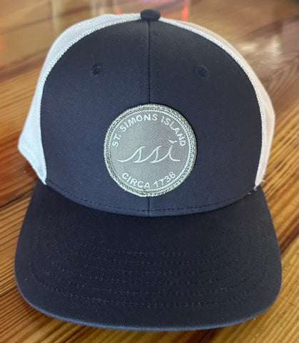 Navy Proflex Hat / Grey Circle Patch Patch, White Logo/ White Mesh / Adjustable