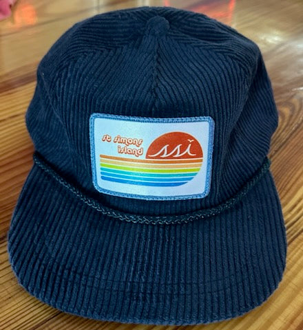Navy Corduroy Hat/ White Patch, Blue Border, Retro Logo St Simons Island/ Adjustable Imperial