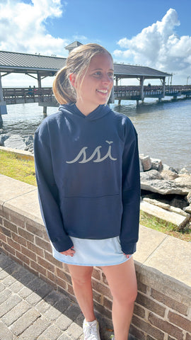 Navy Modal Blend Hoodie Sweatshirt with Gray Logo on Front