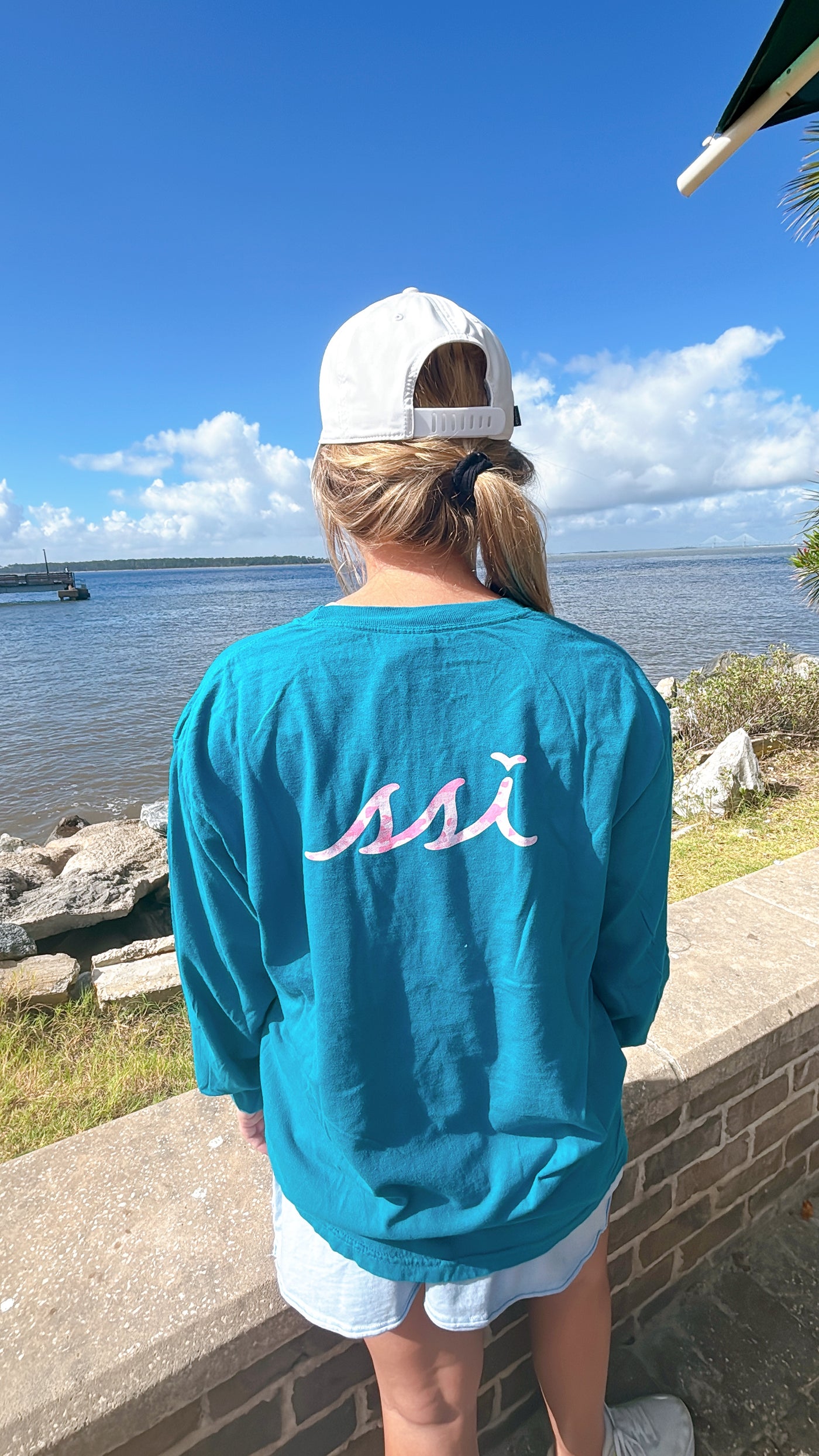 Comfort Colors Topaz Blue Long Sleeve Pocket Tee — Pink Camo SSI Logo