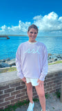 Ultrasoft Long Sleeve Lavender Unisex Crew with White Logo on Chest
