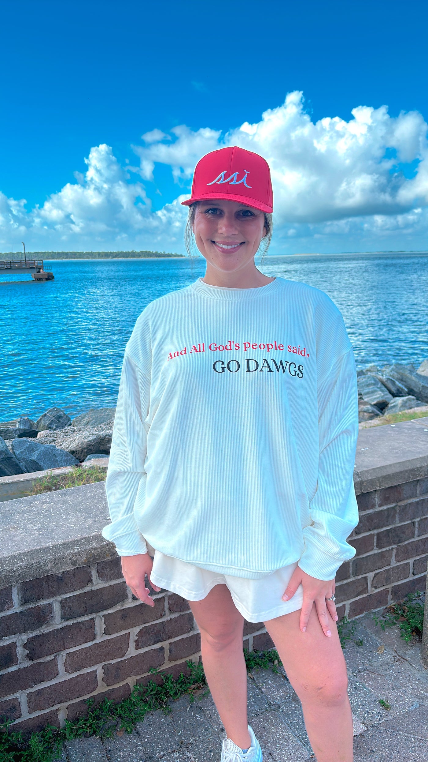 White St. Simons Island Gameday Crewneck Sweatshirt — And All God's People Said Go Dawgs