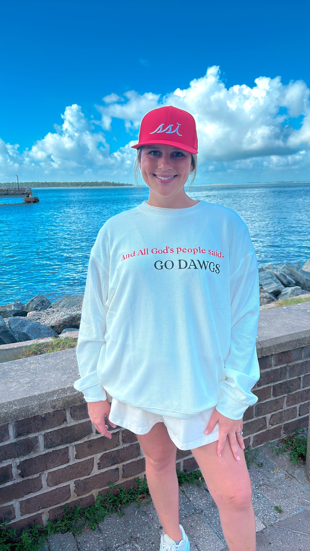 White St. Simons Island Gameday Corded Crewneck Sweatshirt — And All God's People Said Go Dawgs