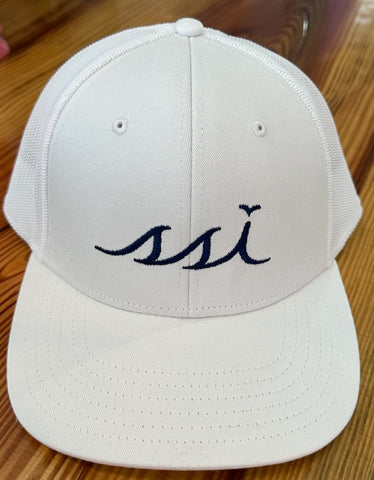 White Proflex Hat with White Mesh Back / Navy Logo/ Outdoor Cap