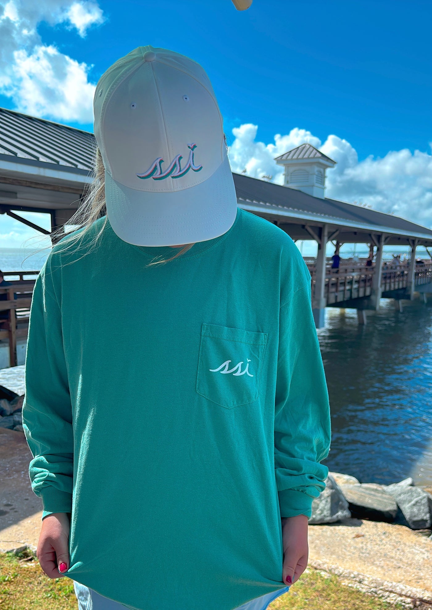 Comfort Colors Seafoam St. Simons Island Long Sleeve Pocket Tee — Sportfish Boat Back Print