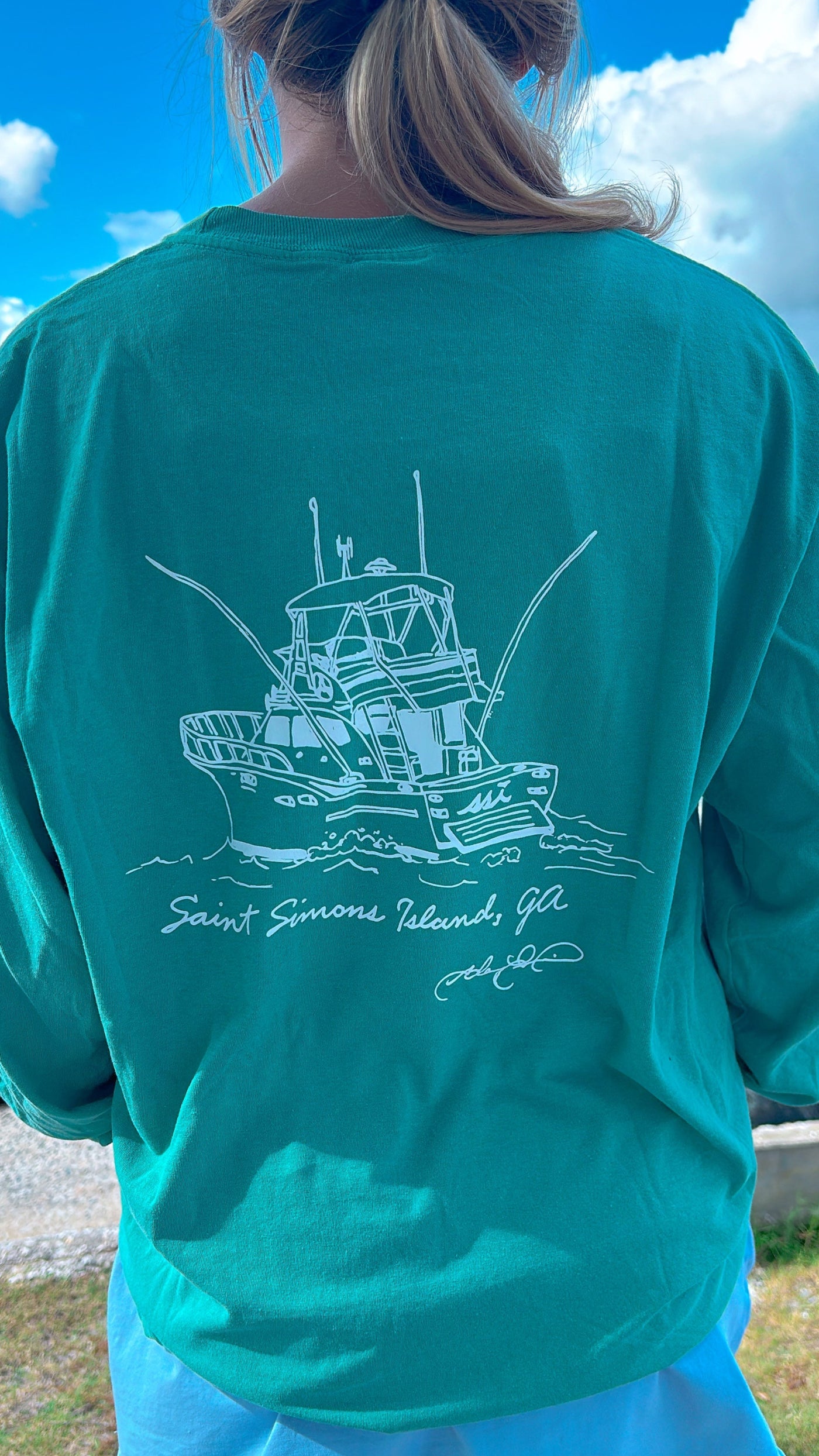 Comfort Colors Seafoam St. Simons Island Long Sleeve Pocket Tee — Sportfish Boat Back Print