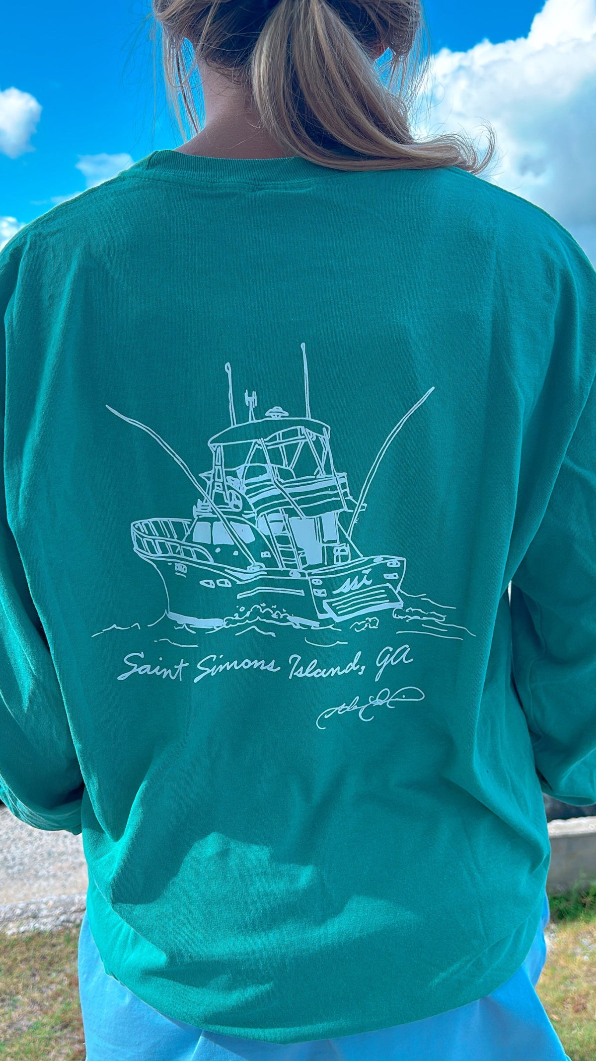 Comfort Colors Seafoam St. Simons Island Long Sleeve Pocket Tee — Sportfish Boat Back Print