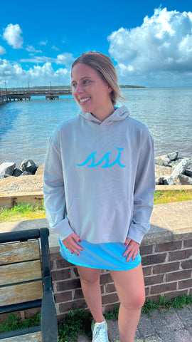 Light Gray Modal Blend Hoodie with Baby Blue Logo on Front