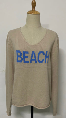 Ladies V-Neck Oatmeal w/ Periwinkle Beach on Front & SSI Logo on Back Collar