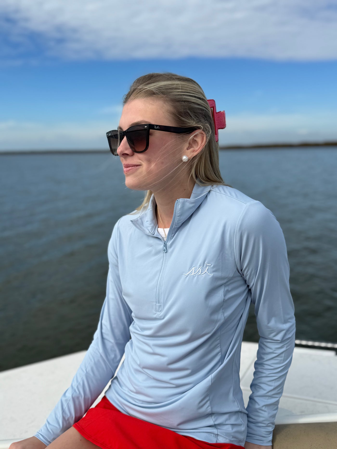 Light Blue Women’s St. Simons Island Performance Quarter Zip — White SSI Logo