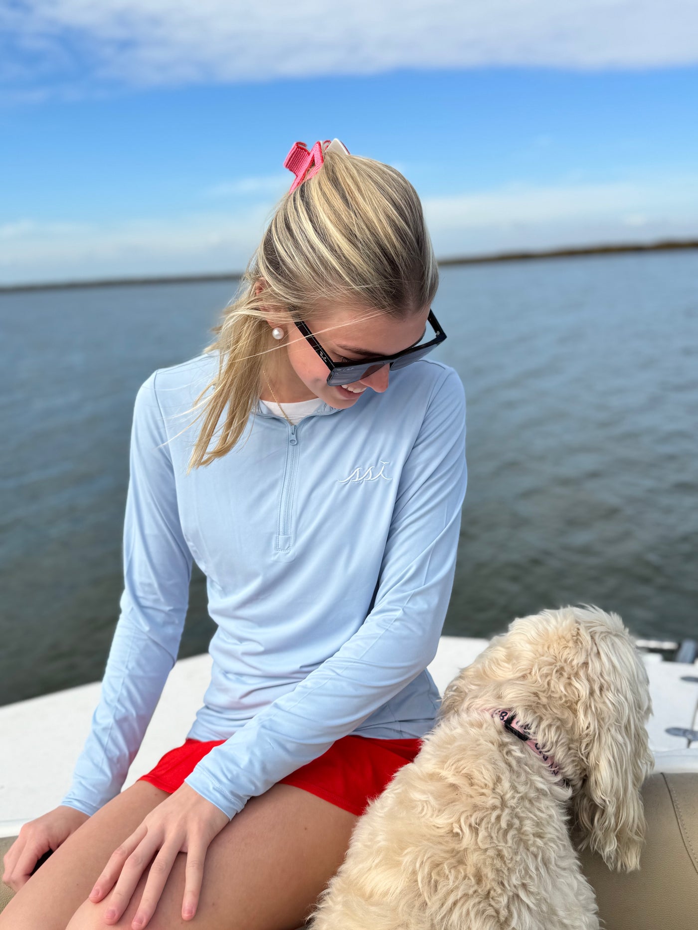 Light Blue Women’s St. Simons Island Performance Quarter Zip — White SSI Logo