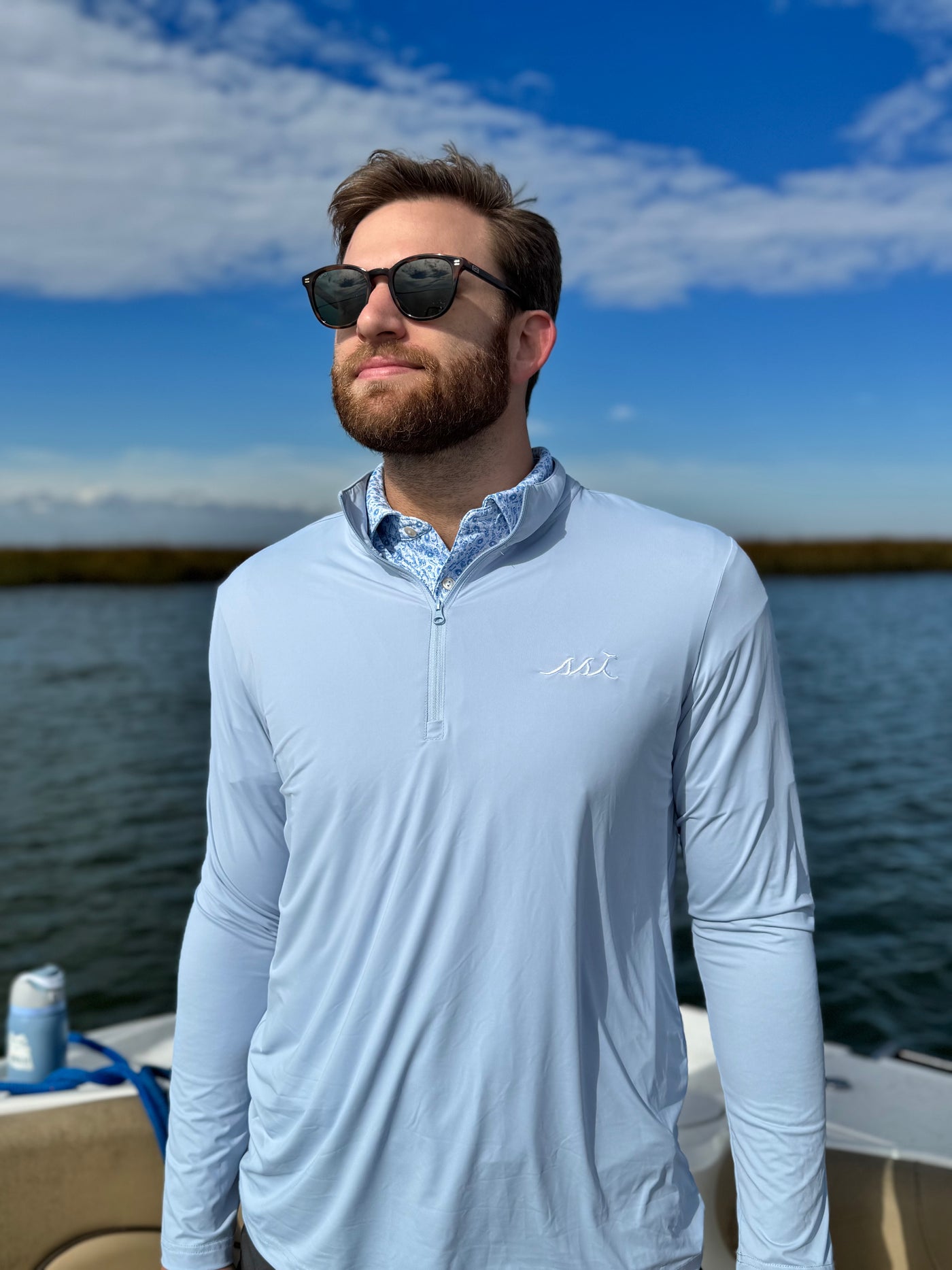 Mens 1/4 Zip Performance Pullover Light Blue with White logo