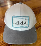 White Travis Mathew FlexFit Hat /Grey Bill /White Patch, Blue Border, Grey Logo/ Adjustable