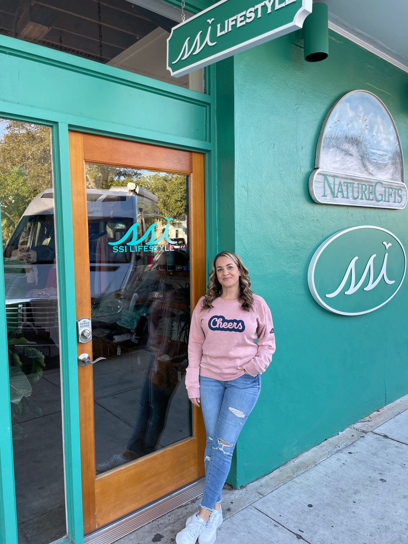 Mauve Sweatshirt - Cheers Navy Bubble on Front Navy Logo on Arm - Vineyard Crew