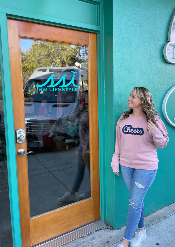 Mauve Sweatshirt - Cheers Navy Bubble on Front Navy Logo on Arm - Vineyard Crew