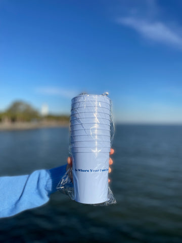 16oz Stadium Cups Baby Blue with Navy "Be Where Your Feet Are"