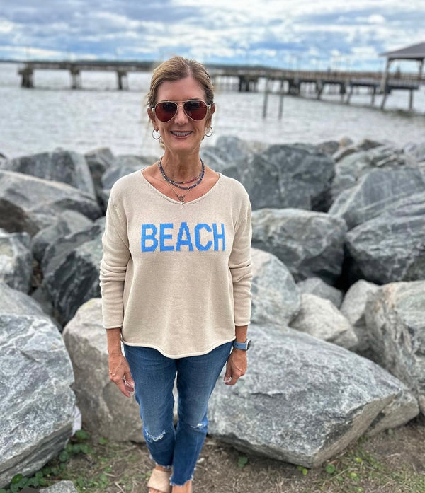 Ladies V-Neck Oatmeal w/ Periwinkle Beach on Front & SSI Logo on Back Collar