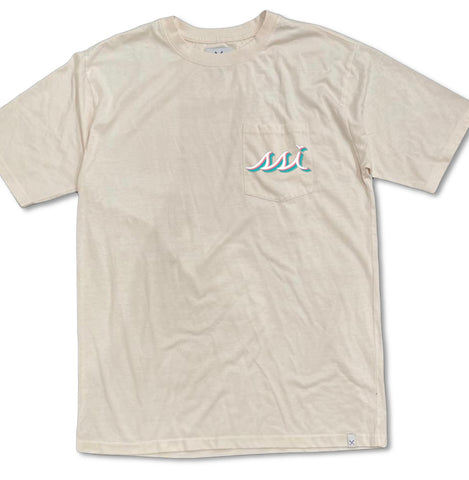 Beach White Pocket T Shirt - White Pink Aqua Cascade Logo on Front & Back - Vineyard Crew