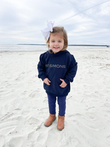 Kids Navy Modal Blend Hoodie Sweatshirt with Grey St Simons on Front and Grey Logo on Back