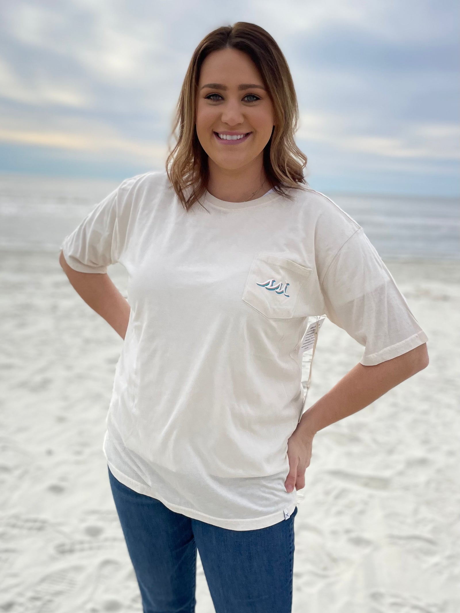Beach White Pocket T Shirt - White Pink Aqua Cascade Logo on Front & Back - Vineyard Crew