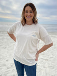 Beach White Pocket T Shirt - White Pink Aqua Cascade Logo on Front & Back - Vineyard Crew