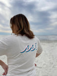 Beach White Pocket T Shirt - White Pink Aqua Cascade Logo on Front & Back - Vineyard Crew